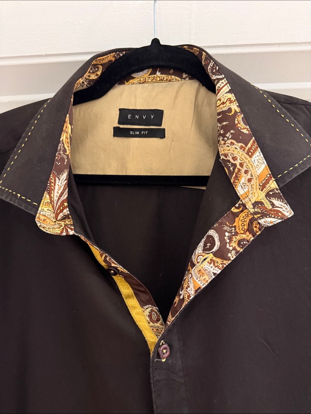 ENVY Brown Slim Fit Men's Shirt Jacket with Yellow and Brown Paisley Trim.
